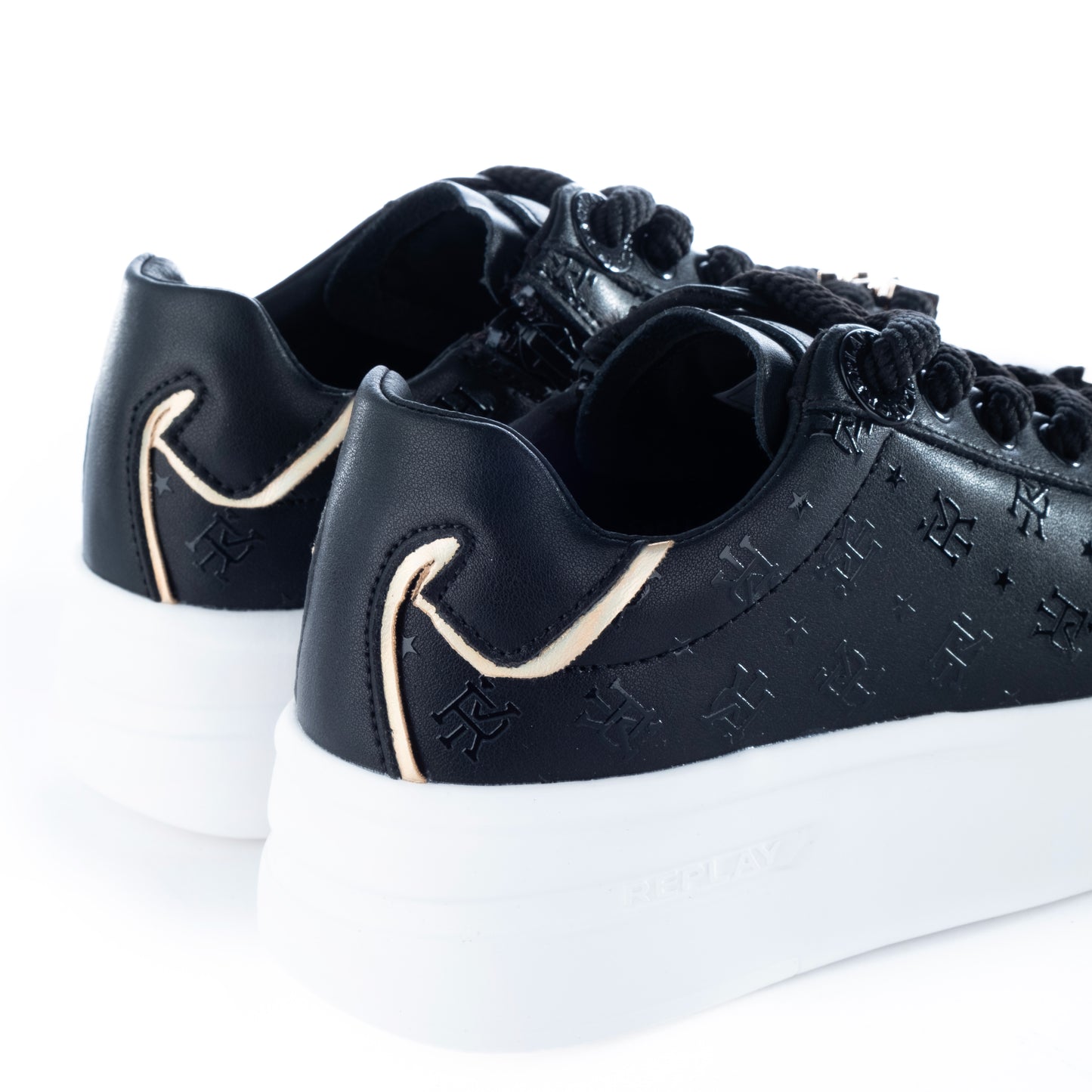 Ténis Femininos Replay Pretos com Detalhes Dourados