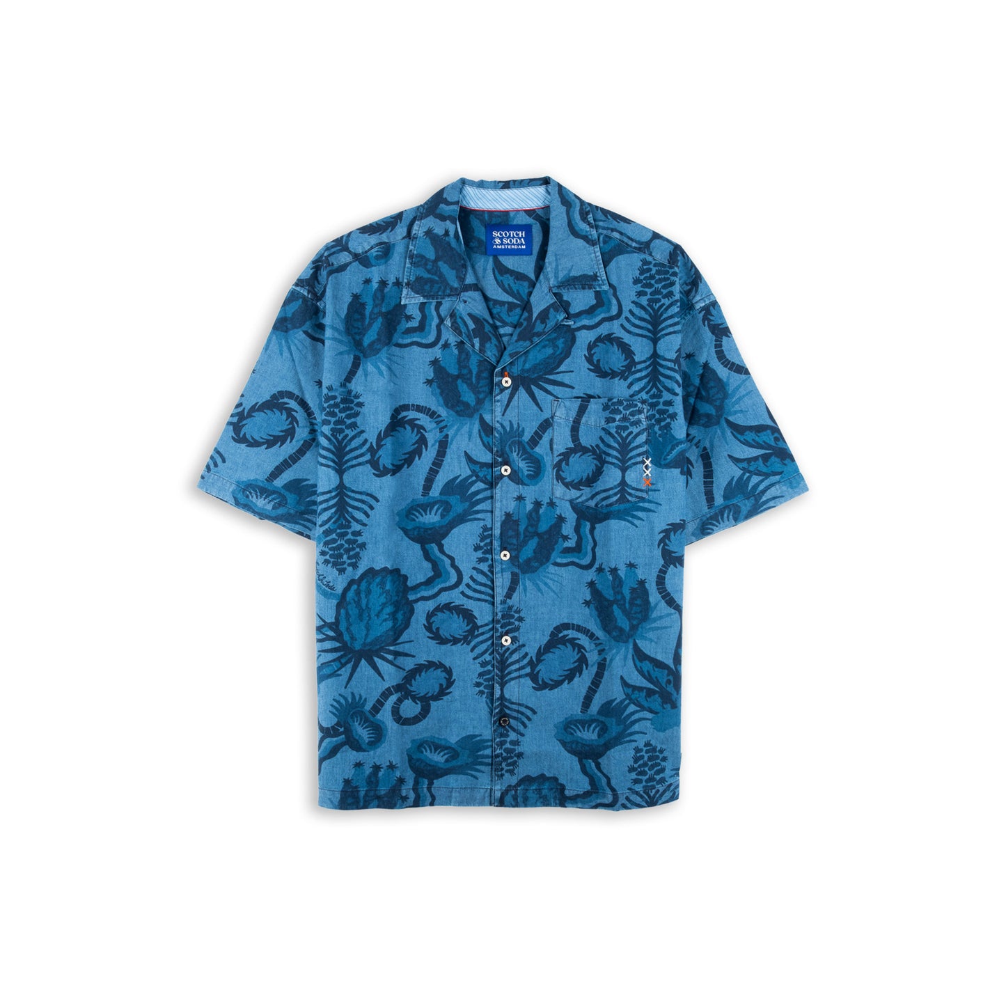 Camisa Homem Scotch & Soda Azul com Estampado Botânico e Manga Curta