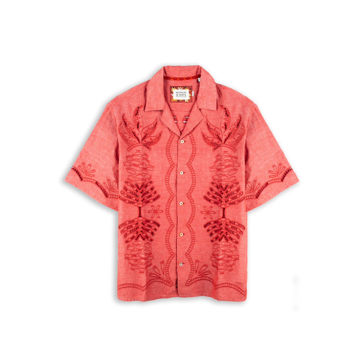 Camisa Homem Scotch & Soda Coral com Bordado Botânico