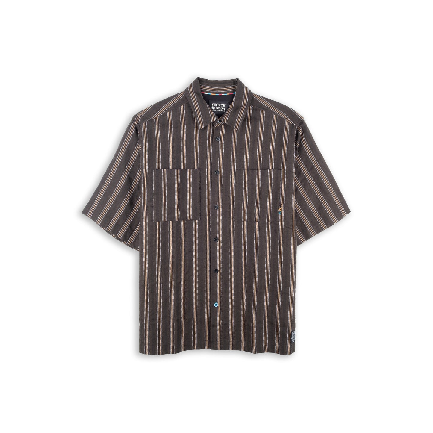 Camisa Homem Scotch & Soda Castanha às Riscas Verticais com Manga Curta e Bolso no Peito
