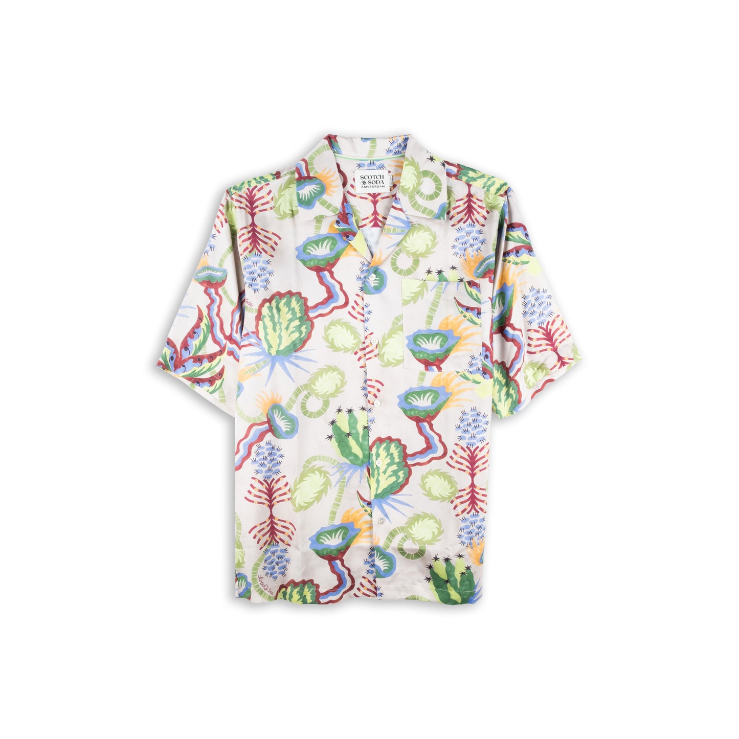 Camisa Homem Scotch & Soda Branca com Estampado Tropical Multicolor e Manga Curta
