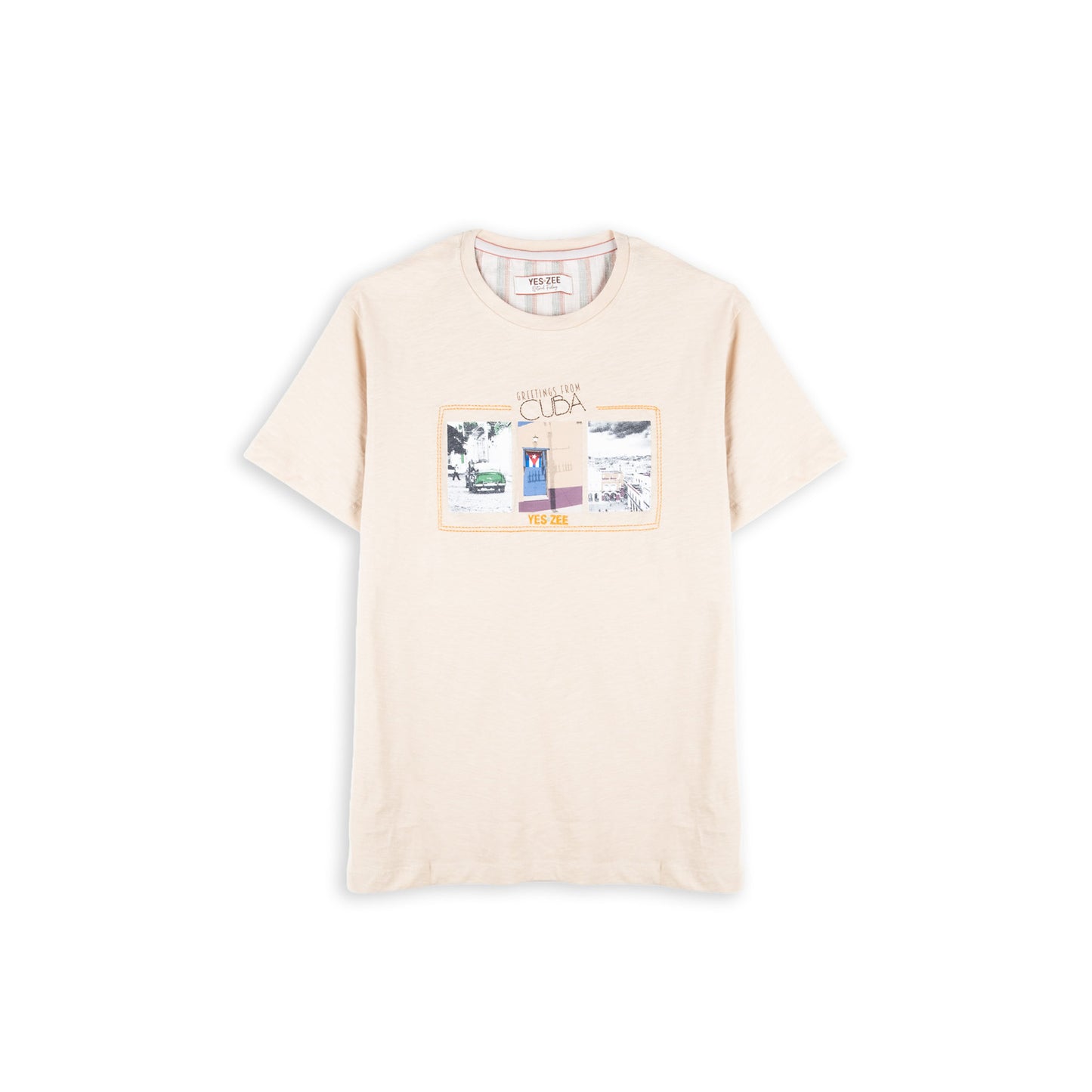 T-Shirt Homem Yes Zee Bege com Estampado Cuba e Manga Curta