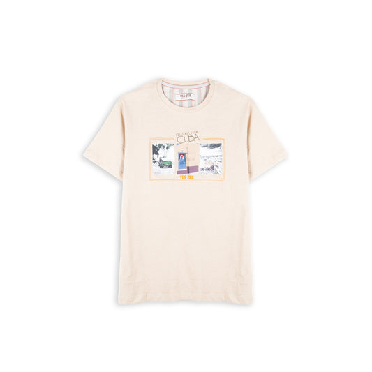 T-Shirt Homem Yes Zee Bege com Estampado Cuba e Manga Curta