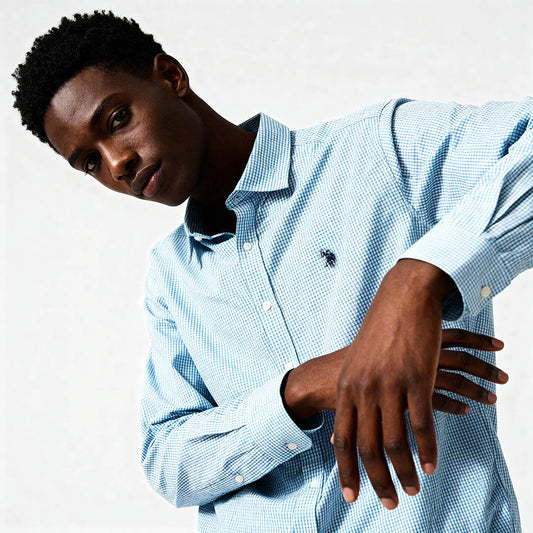 Camisa Homem US Polo Azul Quadriculada com Logo
