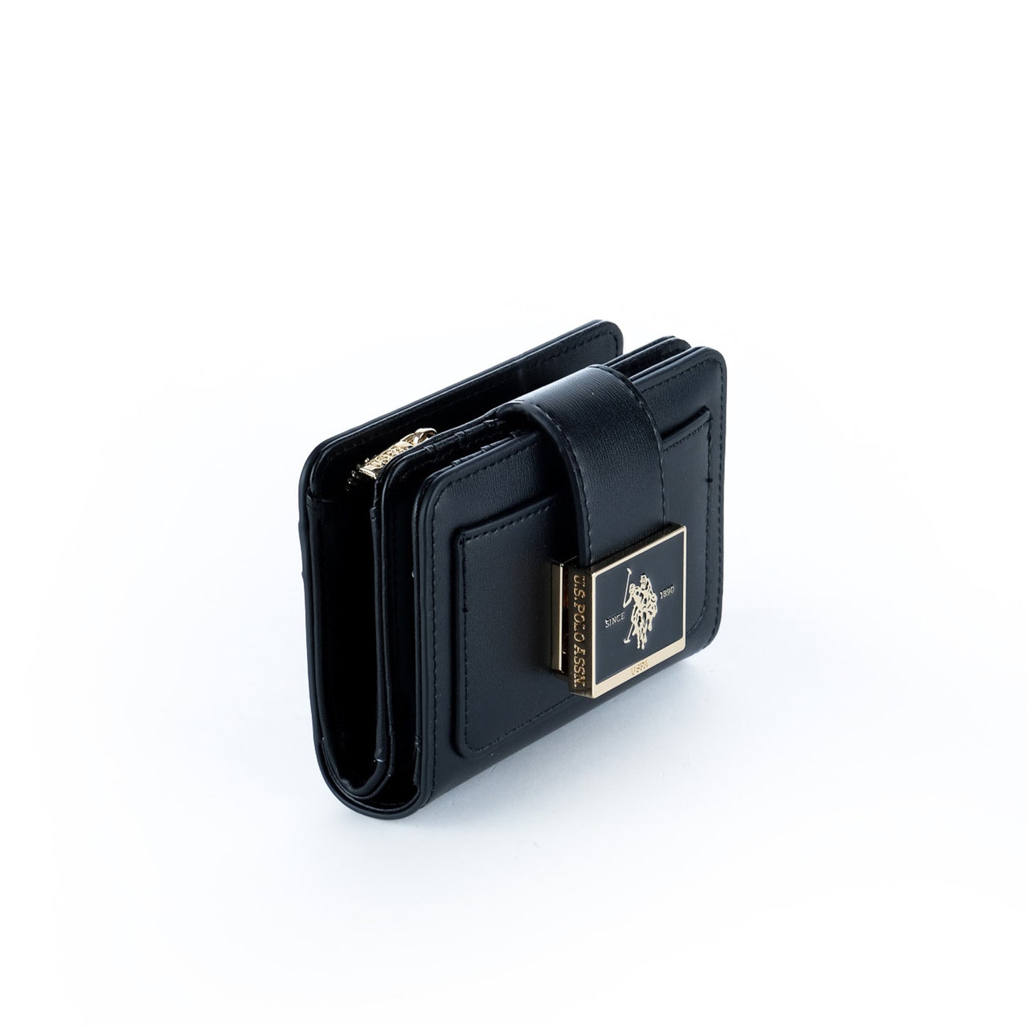 Carteira Mulher U.S. Polo Assn. Preta com Fecho de Aba e Logótipo Metálico Dourado