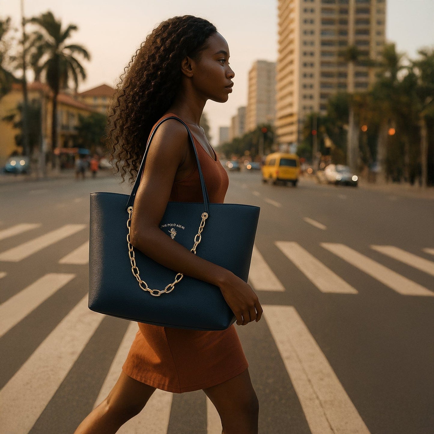 Bolsa Tote Us Polo Azul com Detalhes em Corrente Dourada